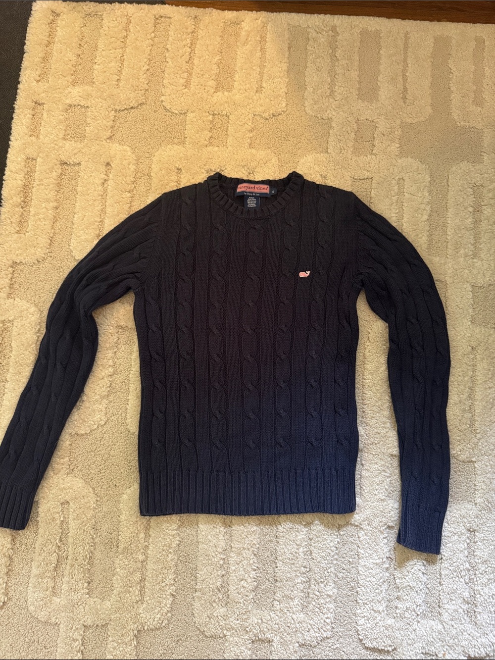 Vineyard Vines Navy Cable-Knit Crewneck Sweater with Pink Whale